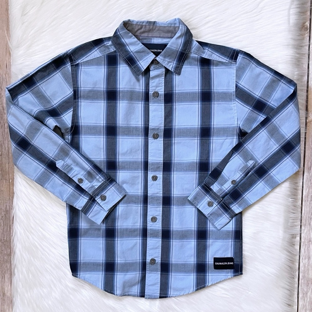 Calvin Klein Jeans Boys’ Blue Plaid Button Down Shirt